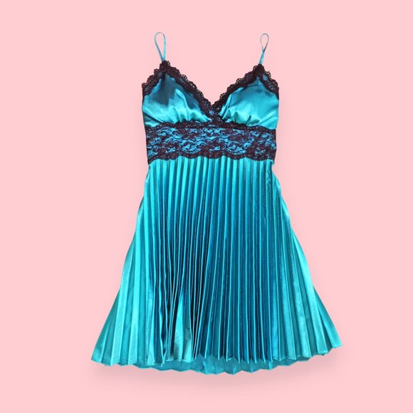 Teal Pleated Satin Dress with Black Lace NWOT S - Picture 3 of 8